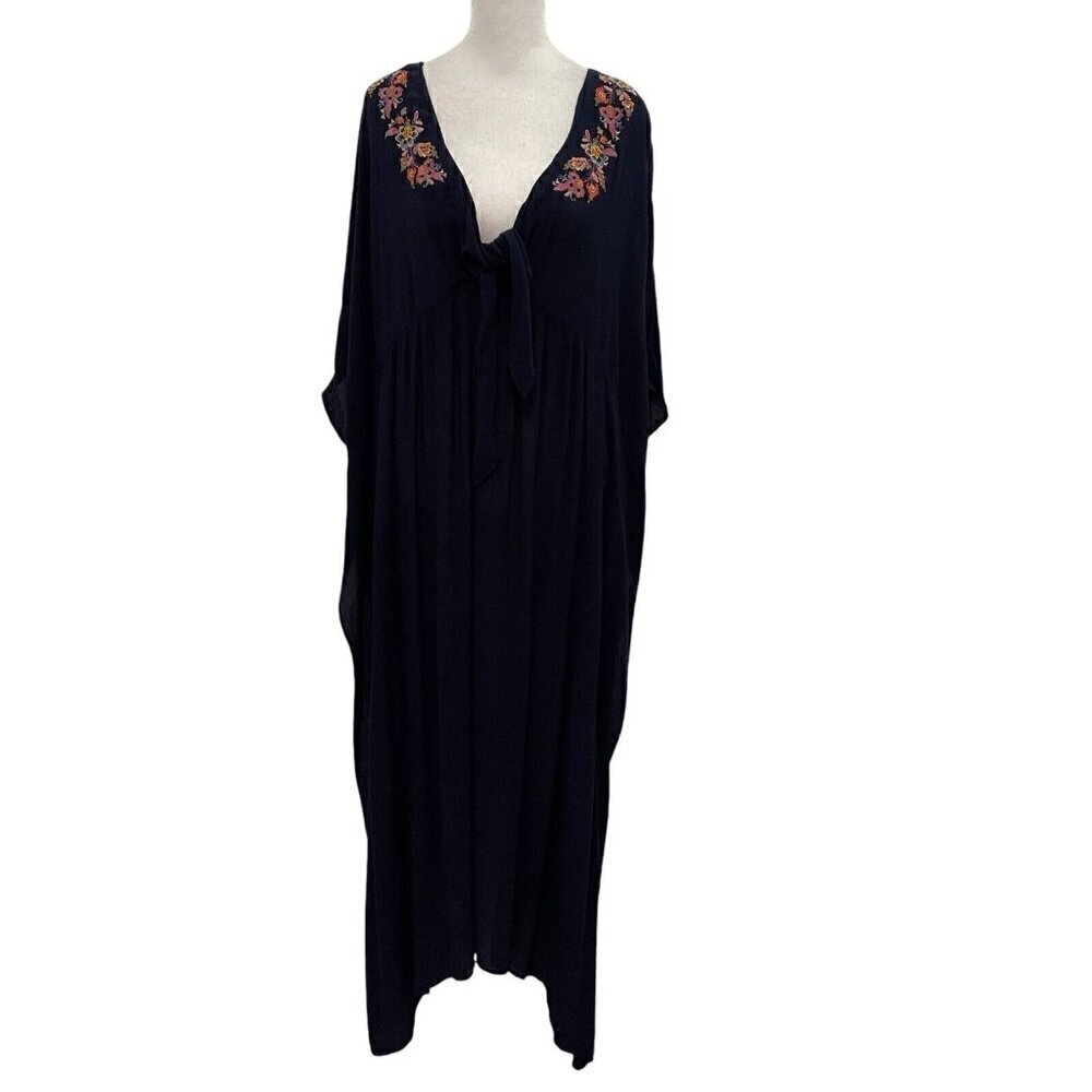 Johnny Was Embroidered Kaftan Kimono Maxi Dress Bohemian Navy size Small FLAW